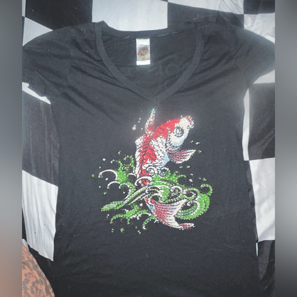 Ed hardy black  V-Neck T-Shirt with Koi Fish Design